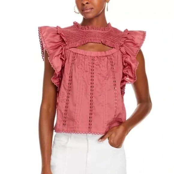 Farm Rio Smocked Blouse Top Ruffles Pink Size XS New With Tag - Picture 3 of 6